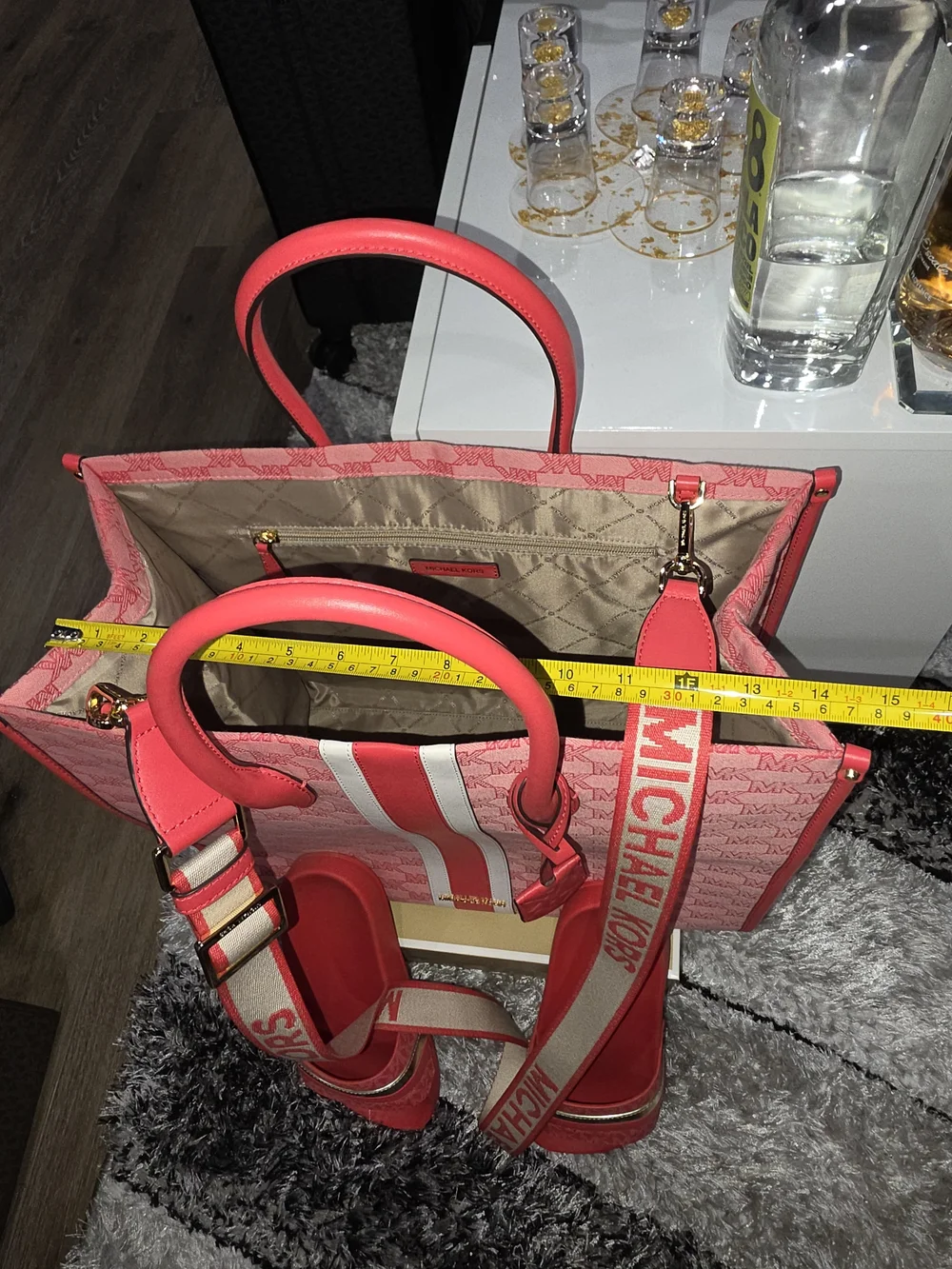 Michael Kors Grapefruit Pink Signature Stripe Tote with Matching Slides